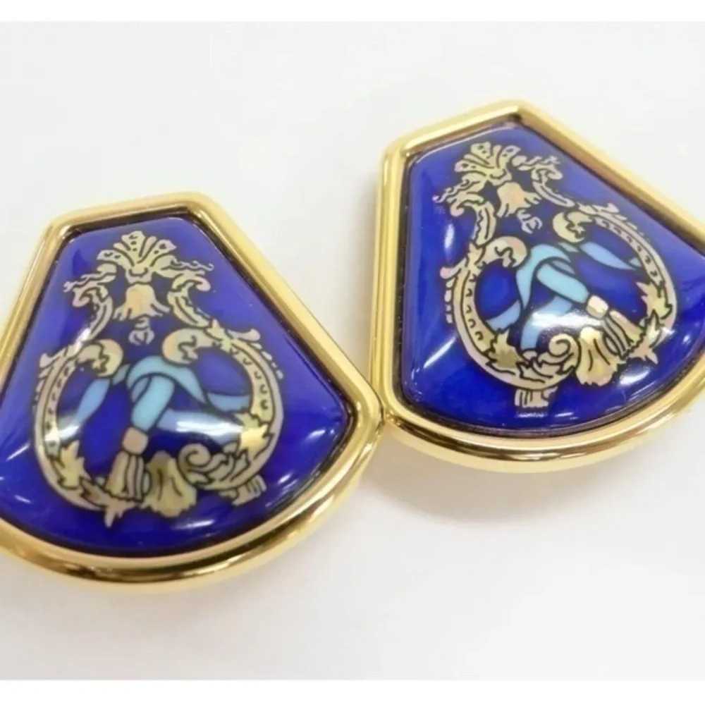 Authentic HERMES Clip-on Earrings Blue x Gold Tone RARE - Picture 1 of 10